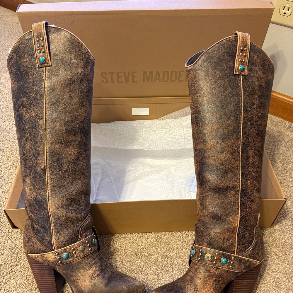 Steve Madden Distressed Brown Boots with Turquoise Details